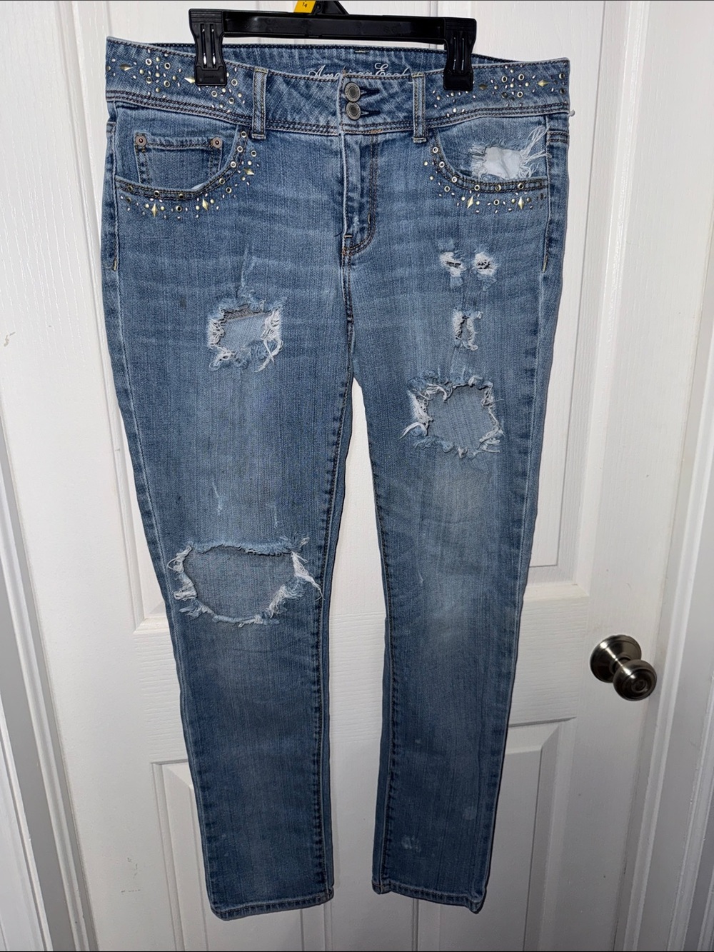 American Eagle Women’s Distressed Light Blue Jeans with Stud Detail